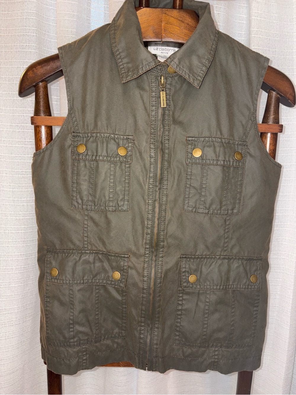 Liz Claiborne Olive Green Utility Vest with Brass Hardware Petite Small